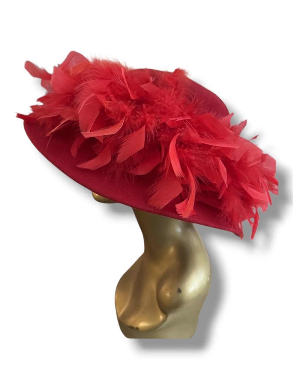 Vintage BETMAR Red Feather Wide-Brim Wool Statement Derby Hat